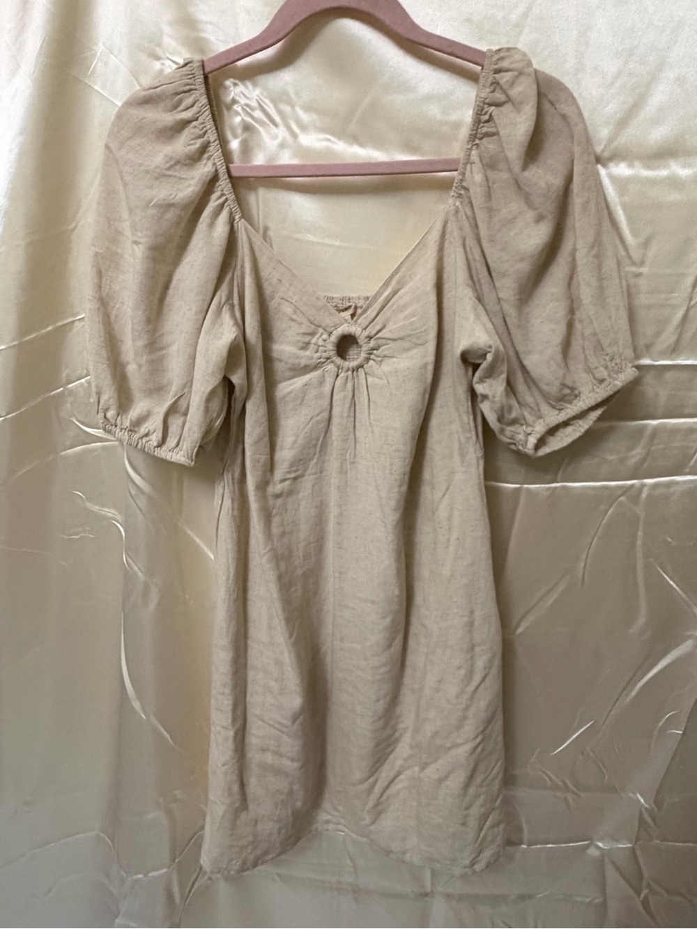 SIM & SAM Puff Sleeve Mini Dress Large Cream Linen Blend Cottagecore